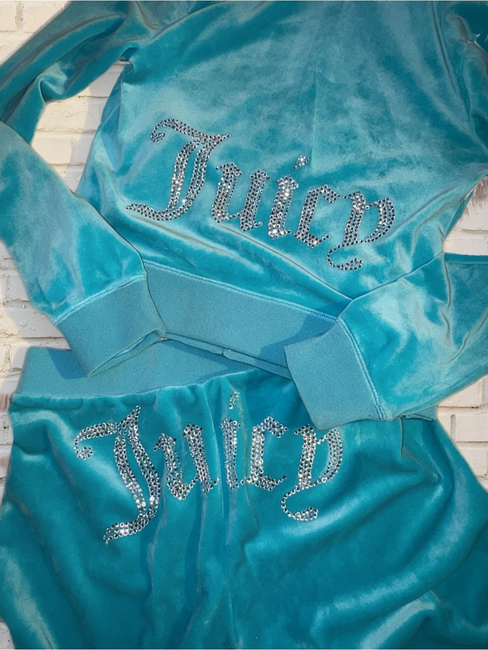 Y2K Bright Blue Juicy Couture Velour Tracksuit with Rhinestone Logos